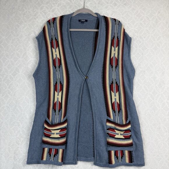 Ralph Lauren Chaps Sweater Vest Womens 1X Blue Aztec Southwestern Navajo Boho - Picture 1 of 10